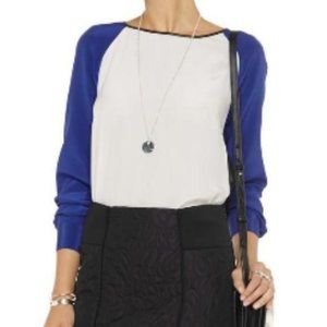 NWT Walter Baker Women's "Carol" Leather-Trimmed Blue/Off-White Silk Top, Small
